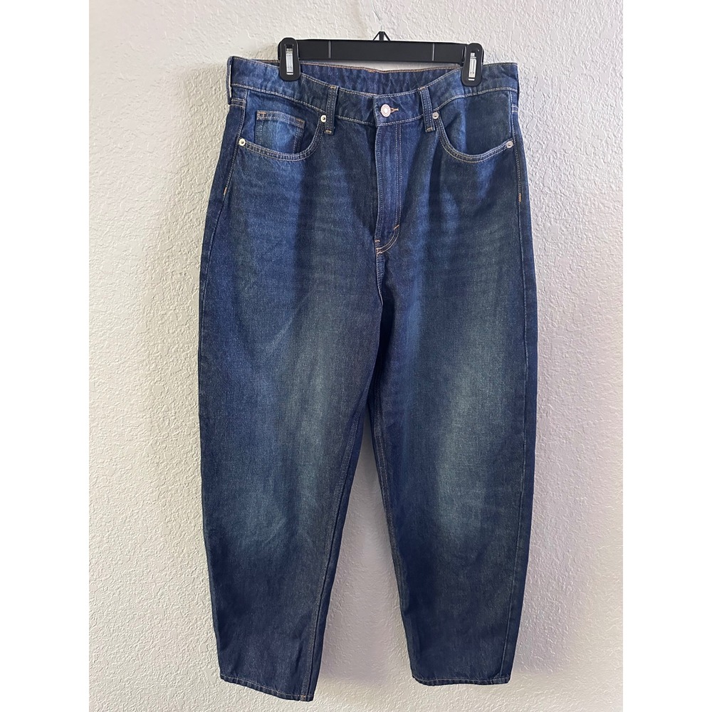 H&M &Denim Barrel Jeans Womens 10 Dark Wash High Waist Loose Fit Cropped Blue